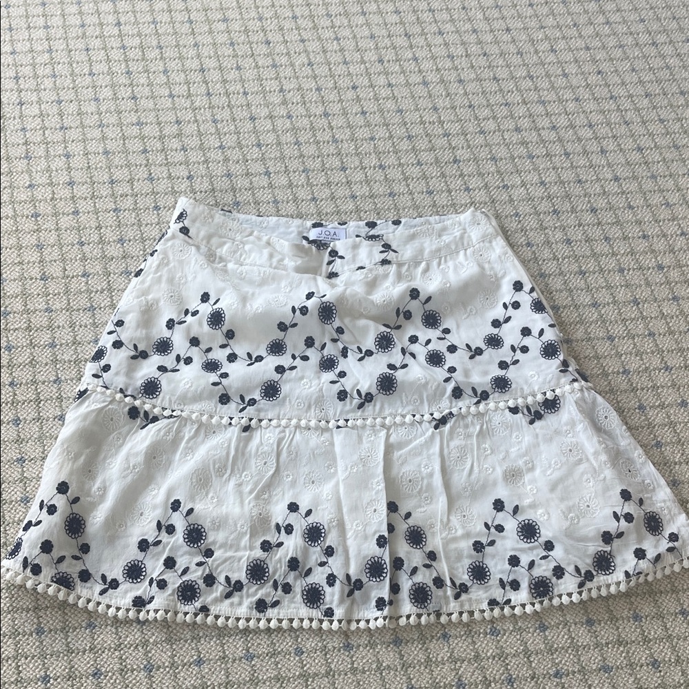 J.O.A. Cream Skirt with Navy Floral Embroidery